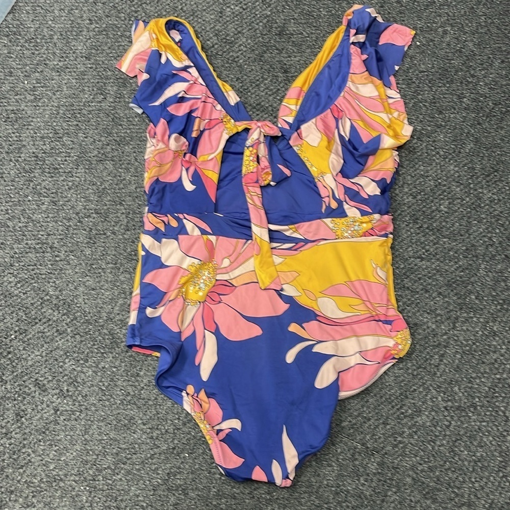 Trina Turk Breeze V-Neck Ruffle One-piece Bathing Suit size 14 - Picture 2 of 6